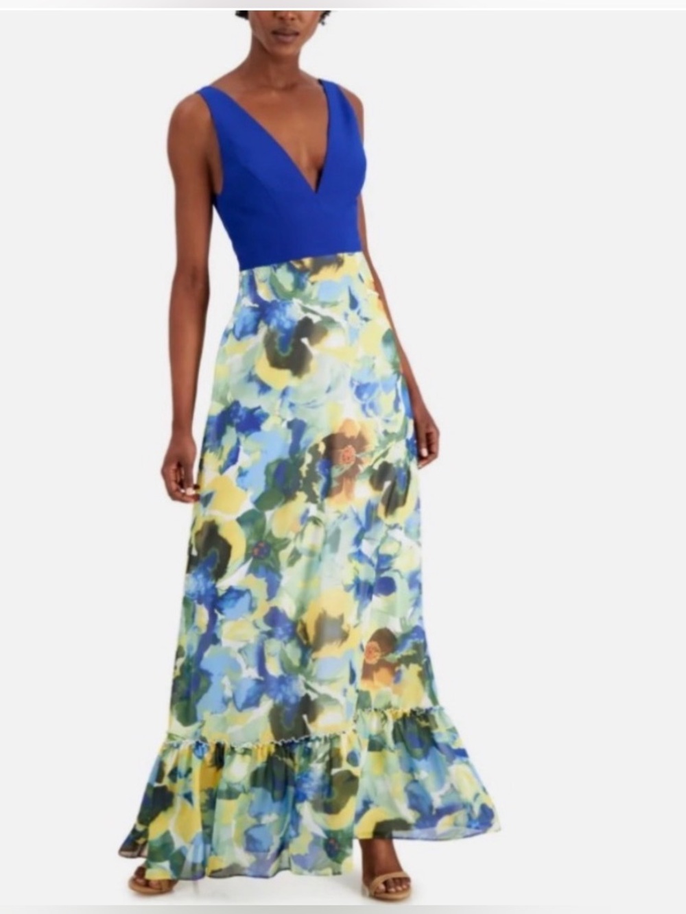 Aidan Mattox Womens 4 Royal Blue Floral Chiffon Maxi Dress 4 Ruffle Lined NWT